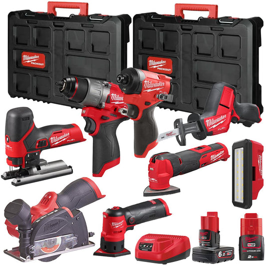 Milwaukee M12FPP7B2-638P 12V Fuel 8 Piece Powerpack Tool Kit with 1 x 6.0Ah & 2.0Ah Batteries, Charger & Case