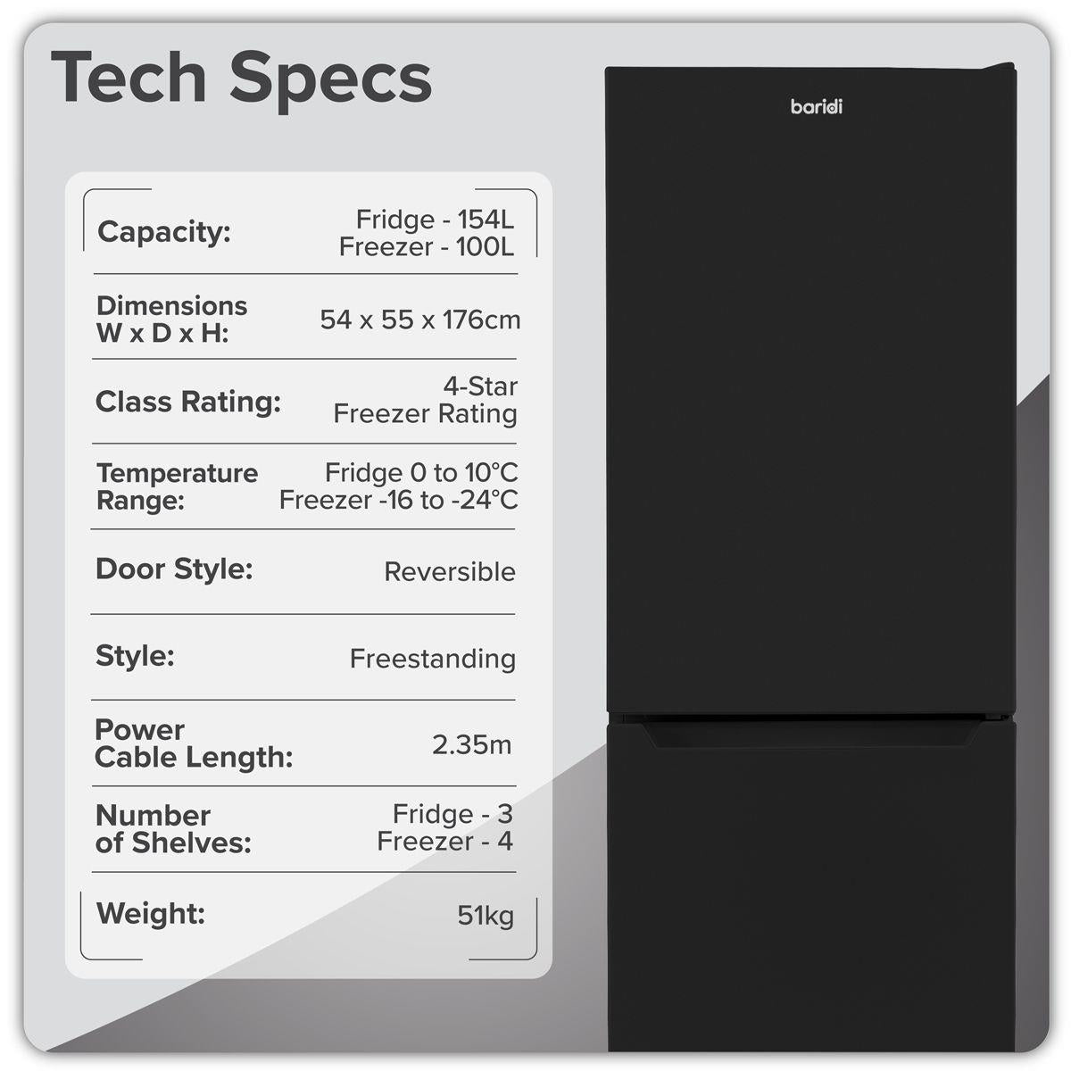 Sealey DH329 Baridi 50/50 Smart Frost Fridge Freezer 254L Capacity Black 230V