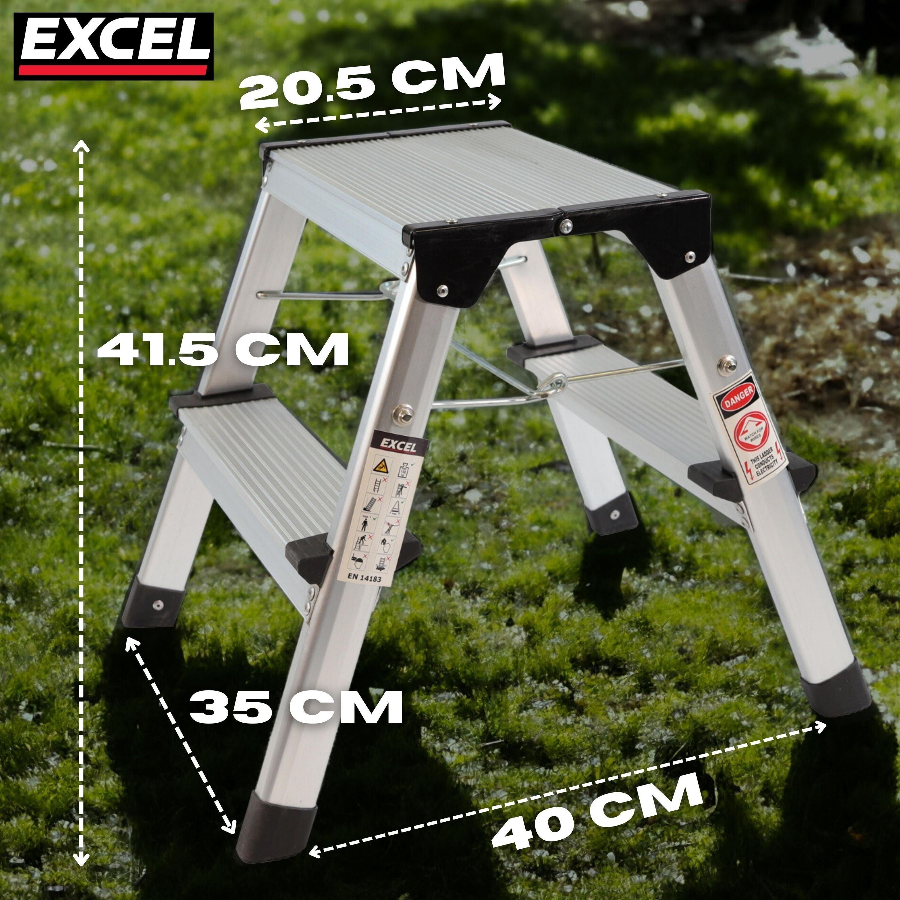 Excel Aluminium Stool Ladder 2 Tread Heavy Duty Folding Hop Up 350mm x 400mm Item Condition Box Opened Never Used
