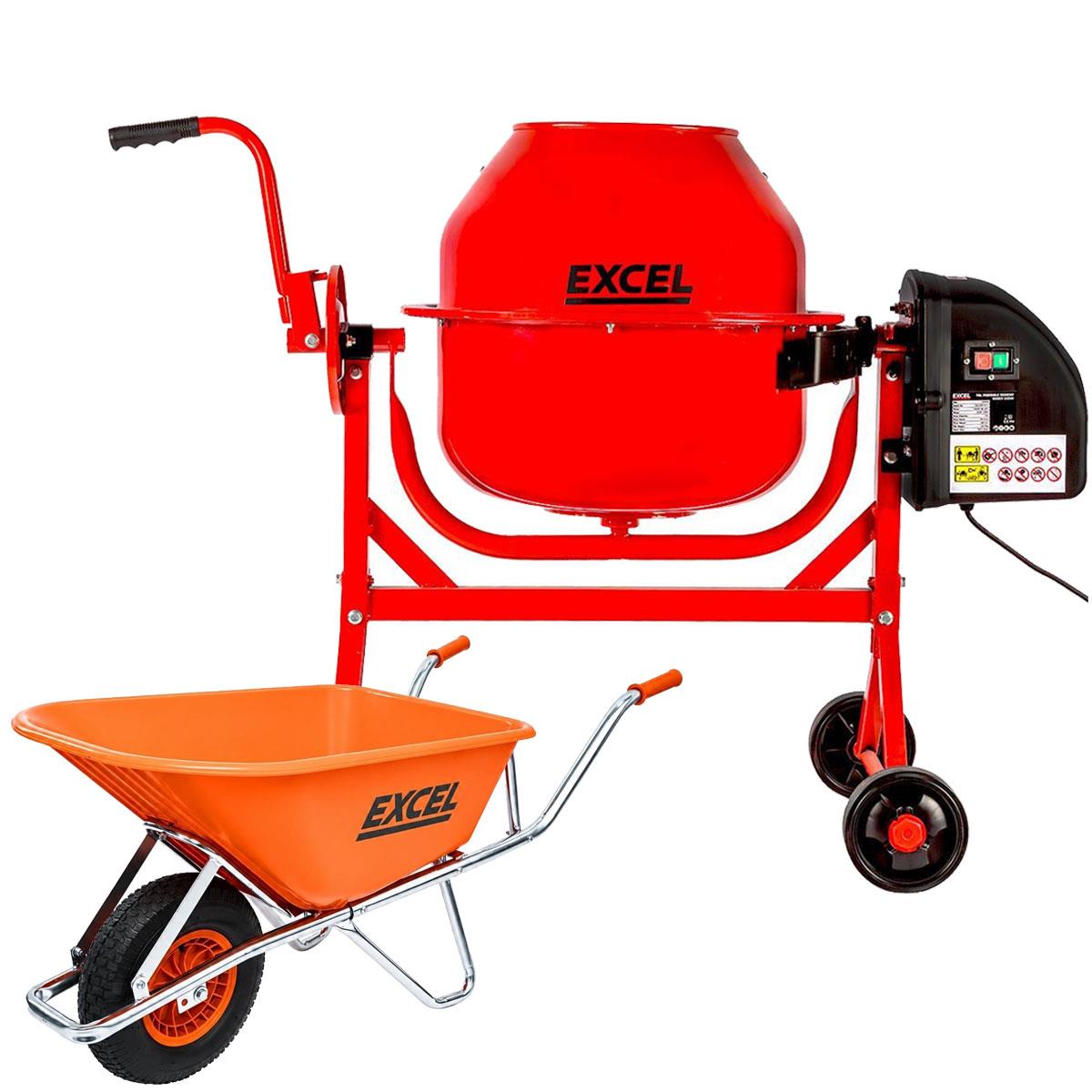 Excel 70L Portable Cement Concrete Mixer 240V/220W with Wheels & 100L Wheelbarrow Chrome Plated Frame