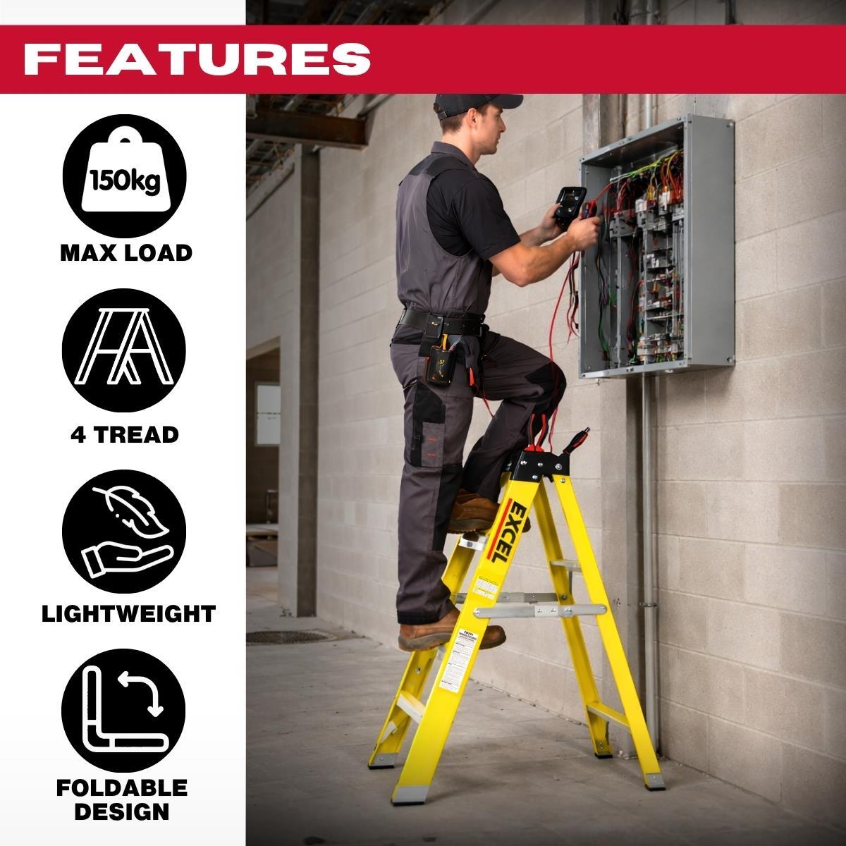 Excel Heavy Duty Fibreglass 4 Tread Ladder with 2 Step Hop Up Ladder