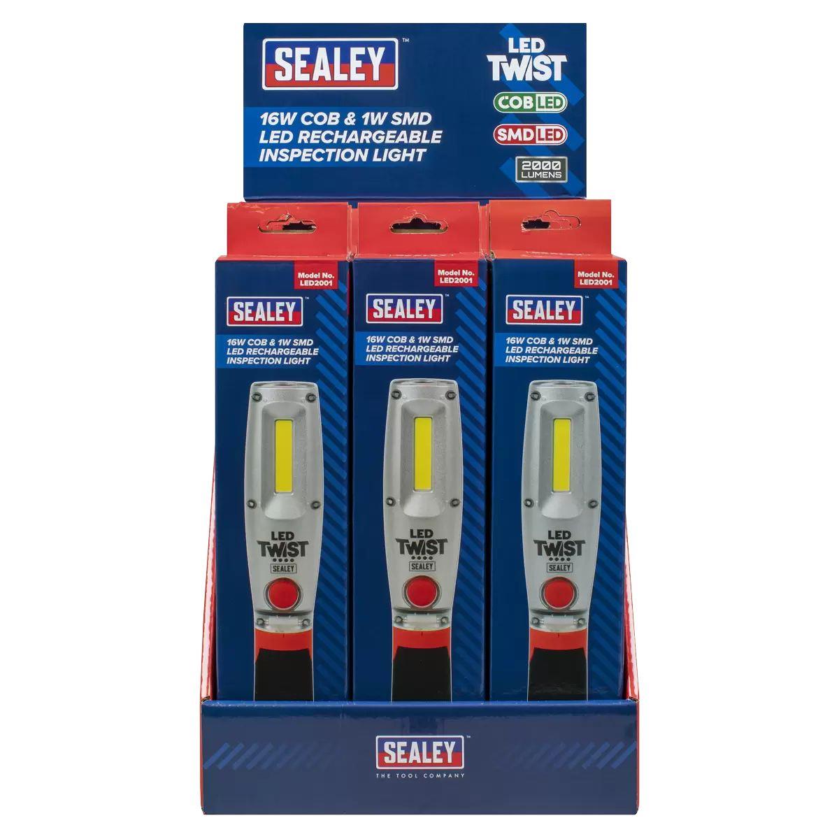 Sealey LED2001DB LED Twist Rechargeable Inspection Light 16W Cob & 1W Smd Display Box of 12
