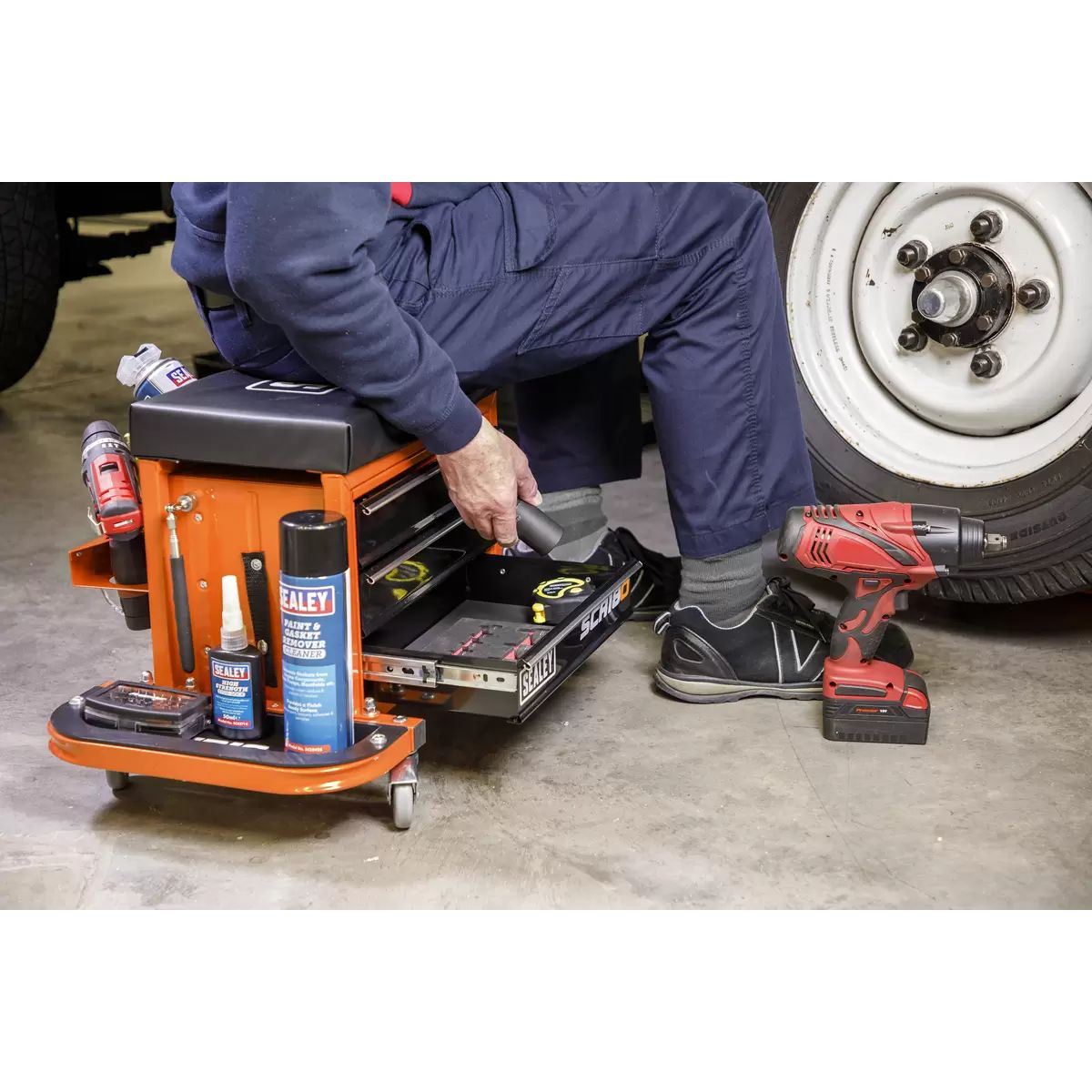 Sealey SCR18O Mechanic's Utility Seat & Toolbox-Orange
