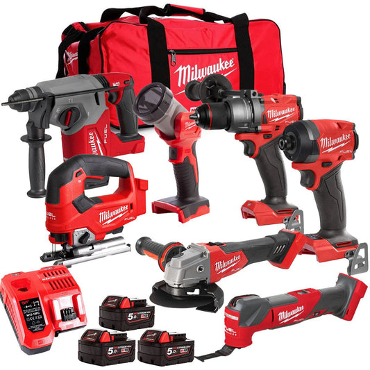 Milwaukee M18FPP6L3-503BK1 18V Brushless 7 Piece Tool Kit with 3 x 5.0Ah Batteries Charger & Wheeled Bag