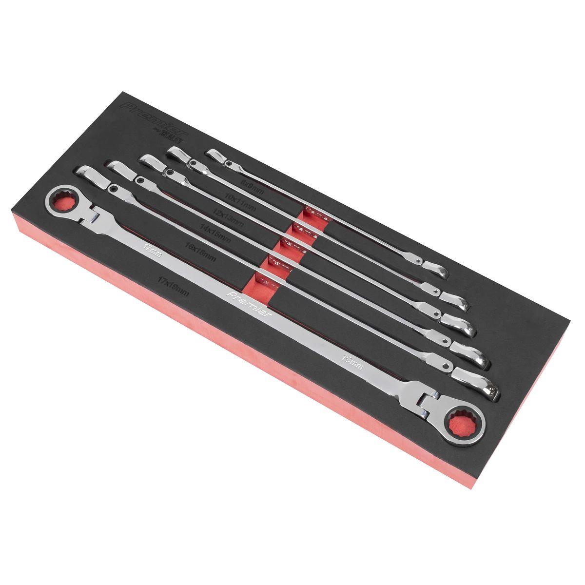 Sealey AK63832 Flexi-Head Double End Ratchet Ring Spanner Set 6pc Extra-Long Metric