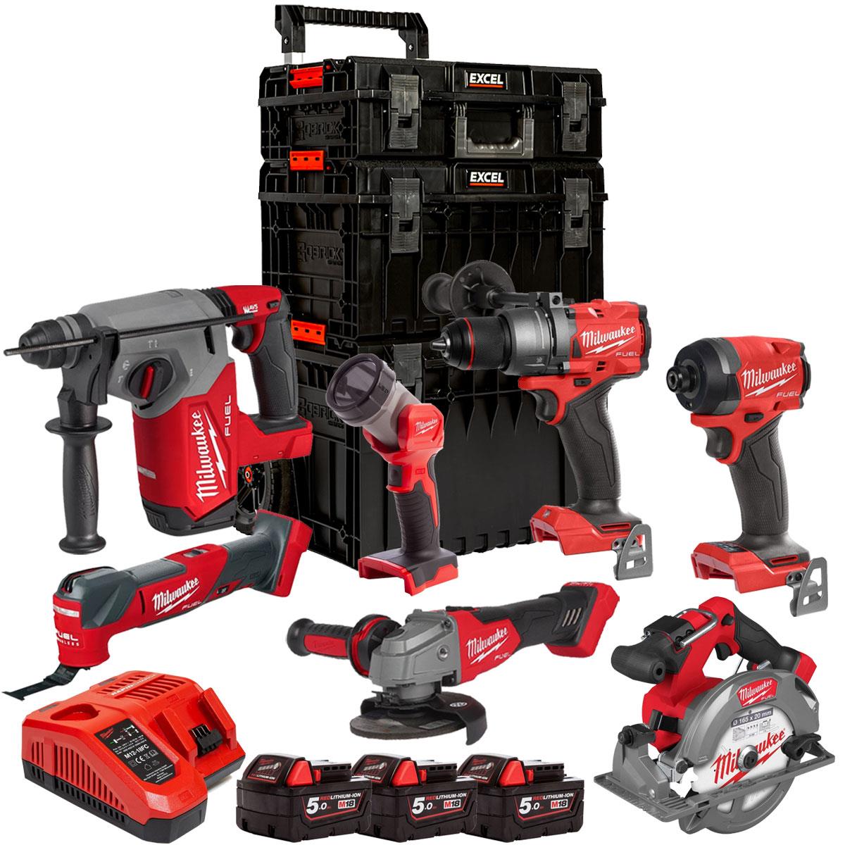 Milwaukee M18FPP7A3-503EB 18V FUEL Brushless 7 Piece Tool Kit 3 x 5.0Ah Battery, Charger & 3 Piece Modular Tool Box