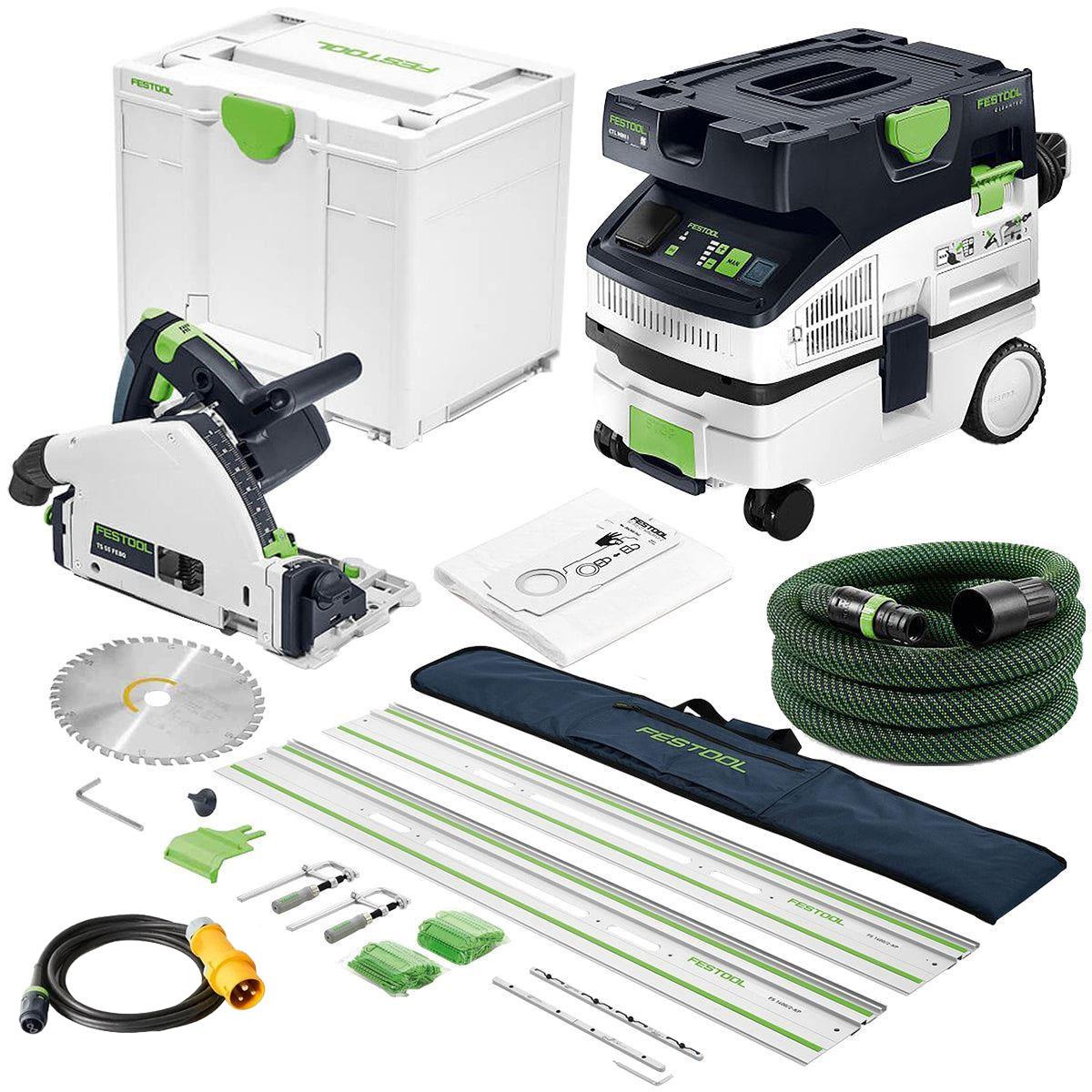 Festool TS 55 FEQ-Plus 110V GB 160mm Plunge-Cut Saw - 576707 With Guide Rail Kit Set 577932 & Dust Extractor 578314