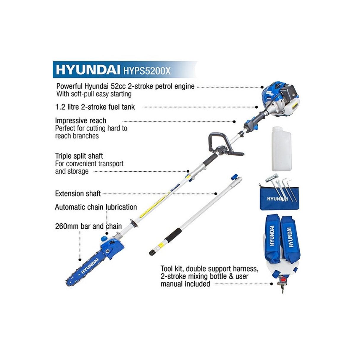 Hyundai HYPS5200X 52cc Petrol Pole Saw Pruner Chainsaw 2.7m Long Reach 260mm Cutting Width