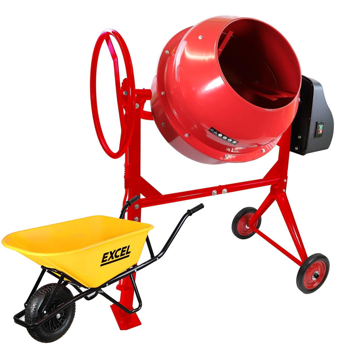 Excel 180L Portable Cement Concrete Mixer 240V/800W with Wheels & 100L Wheelbarrow Yellow HDPE Tray