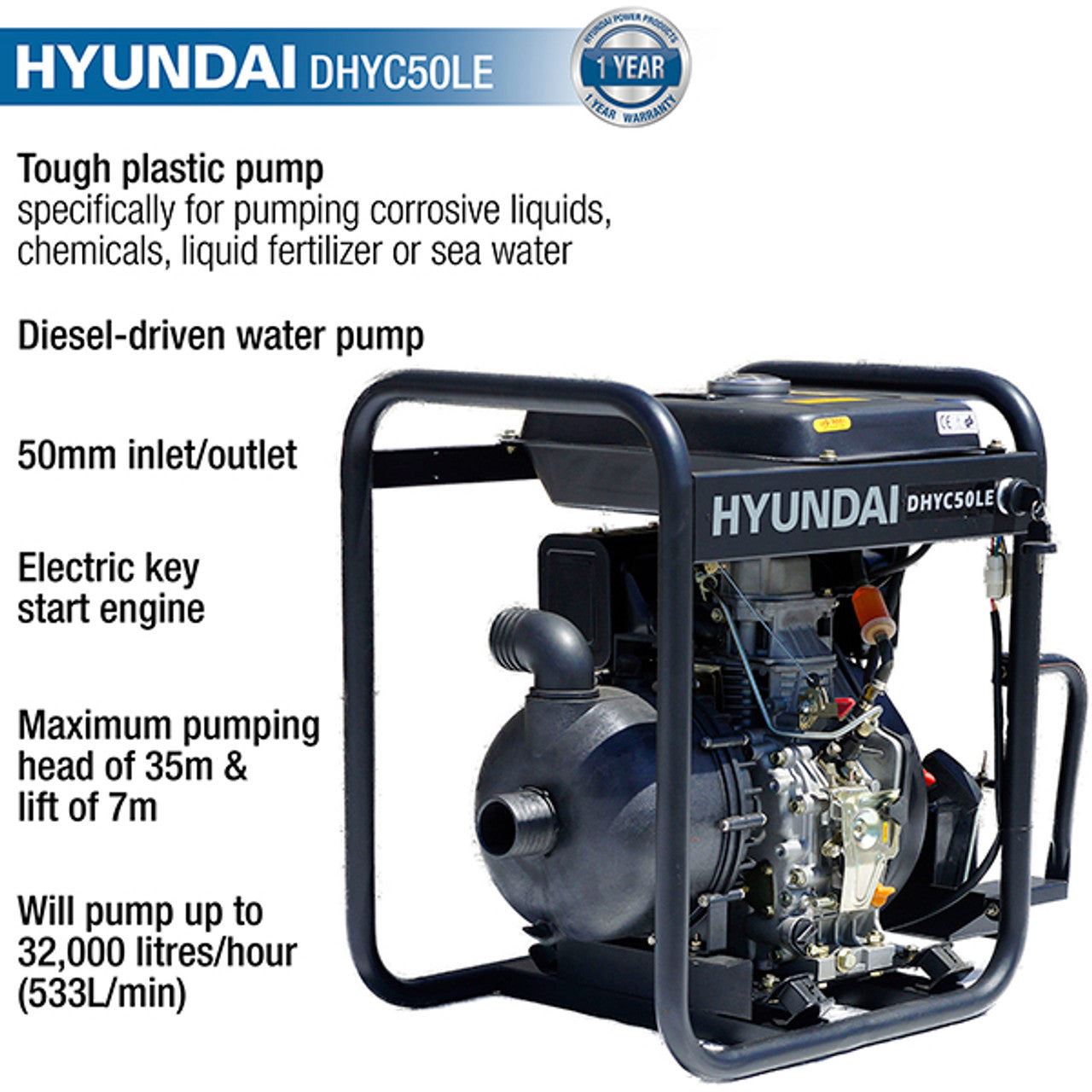 Hyundai DHYC50LE 50mm Diesel Chemical Water Pump, 35m Total Head, 7m Lift, 533L/min Flow Rate, 6hp, 296cc