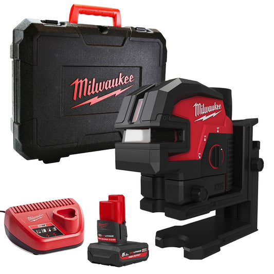 Milwaukee M12CLL4P-0C 12V Cross Line Laser with 1 x 5.0Ah Battery Charger & Case