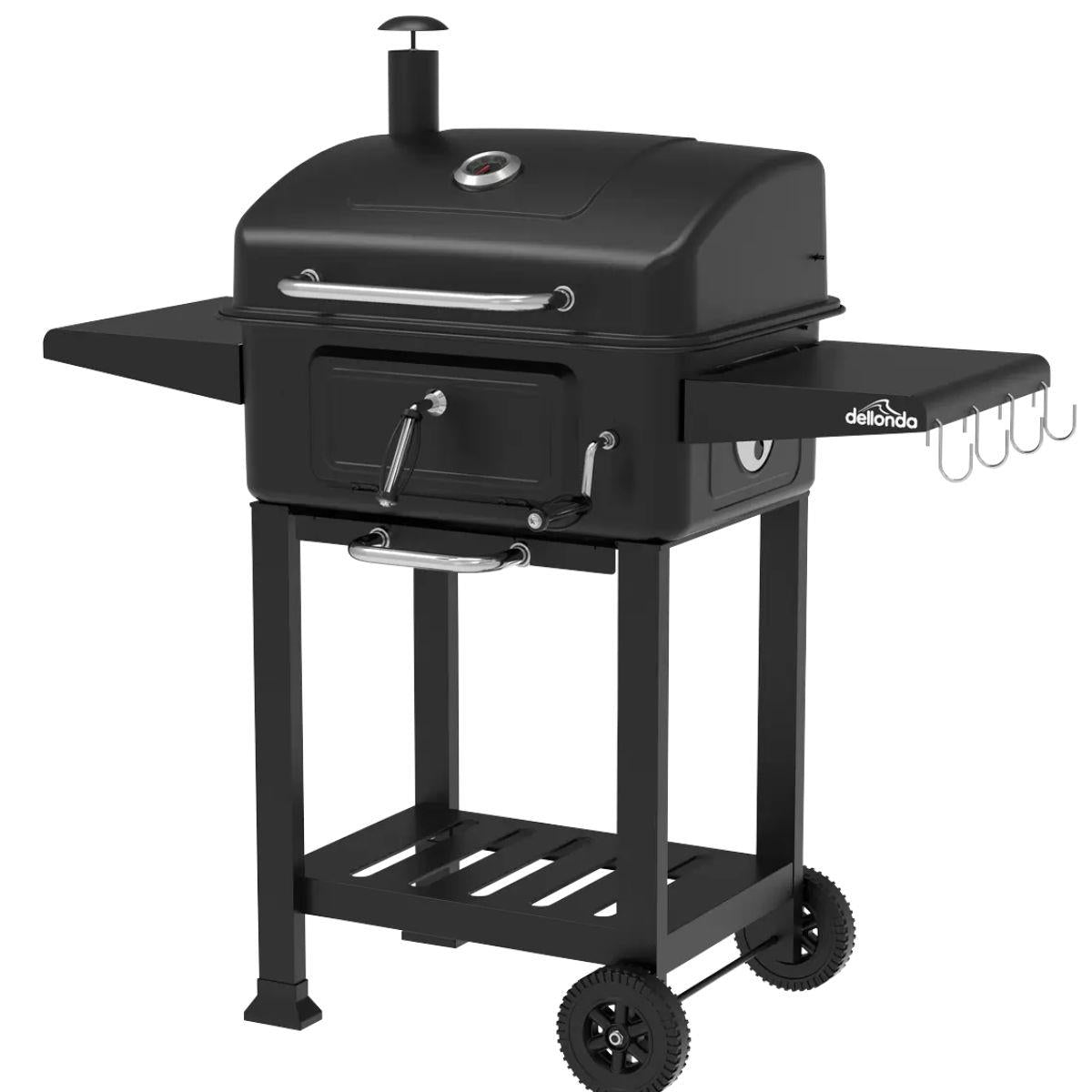 Sealey DG283 Dellonda Charcoal Grill BBQ Smoker and Trolley with 2 Side Shelves Black