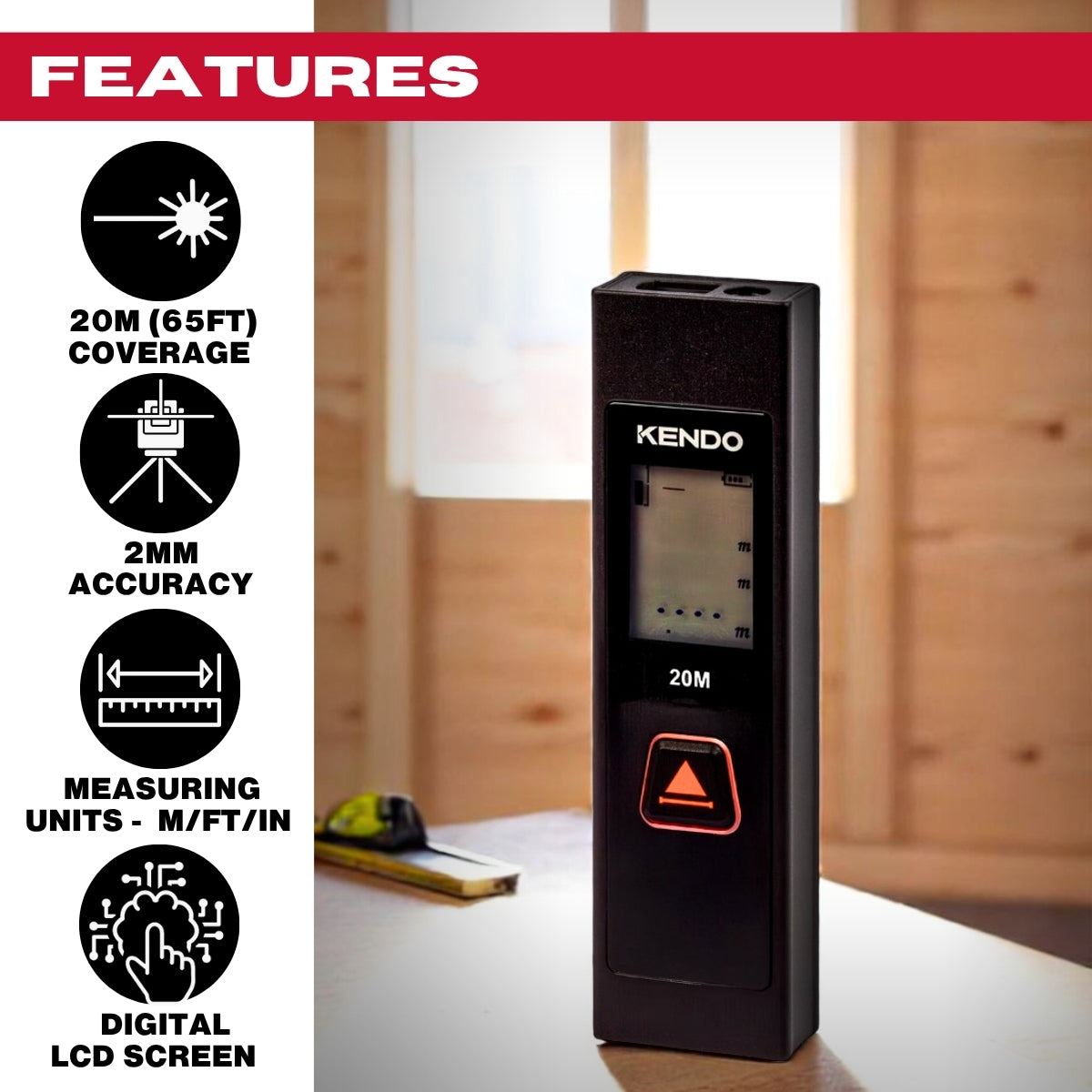 Kendo 20m Laser Measure – Compact Digital Distance Meter, ±2mm Accuracy, One-Button, IP54, Pocket Size
