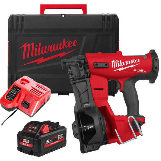 Milwaukee M18FRCN45-0X 18V FUEL Brushless Roofing Coil Nailer with 1 x 5.5Ah Battery Charger & Case