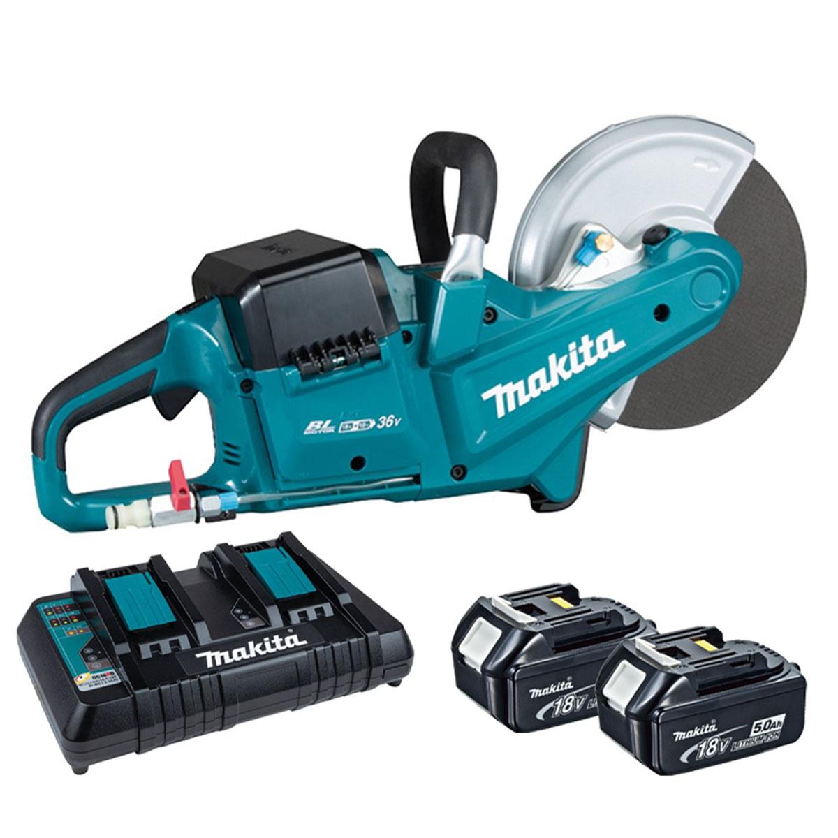 Makita DCE090ZX1 36V LXT 230mm Brushless Disc Cutter with 2 x 5.0Ah Battery & Dual Port Charger