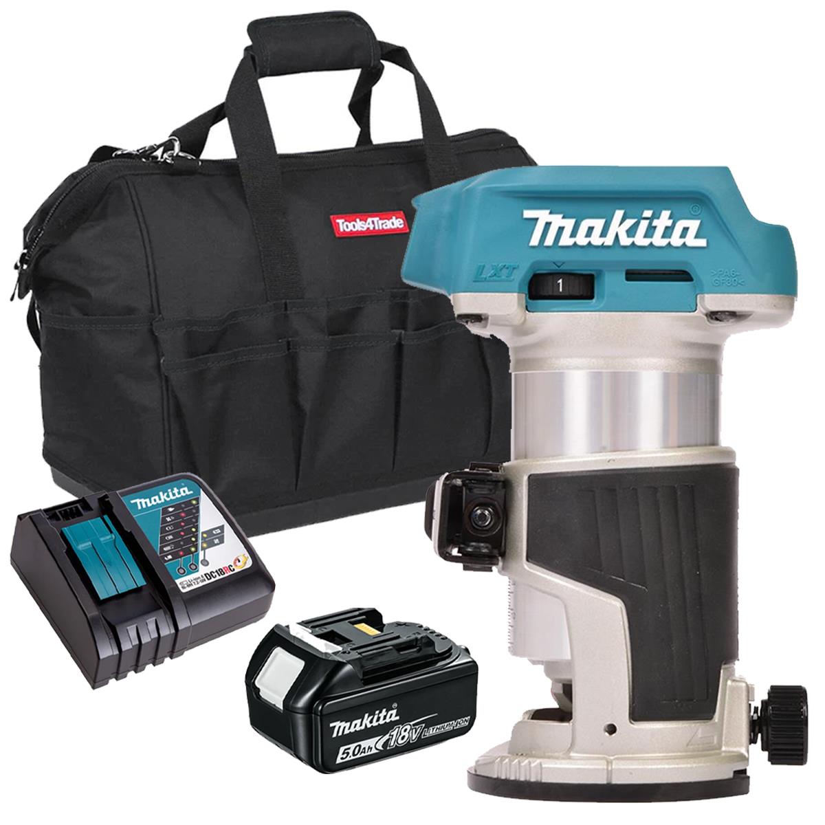 Makita DRT50ZX4 18V Brushless Router Trimmer With 1 x 5.0Ah Battery Charger & Bag