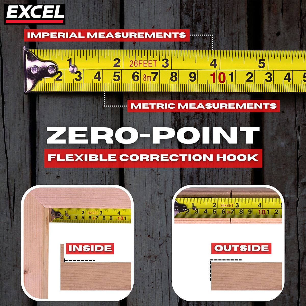 Excel Tape Measure 8m/26ft CR-8G79X Pack of 10