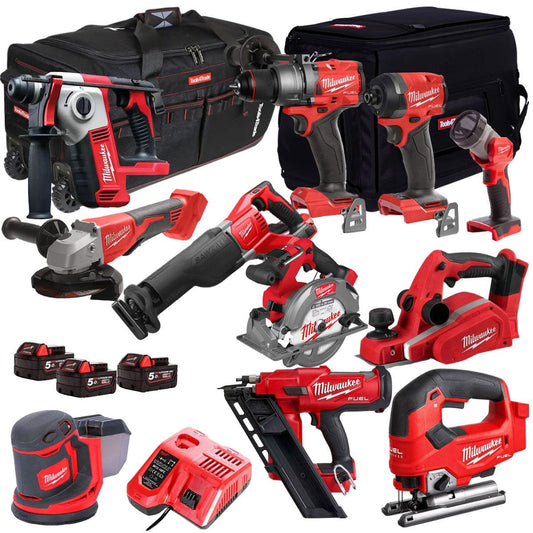 Milwaukee 18V Cordless 11 Piece Tool Kit with 3 x 5.0Ah Batteries & Charger in Bag T4TKIT-515