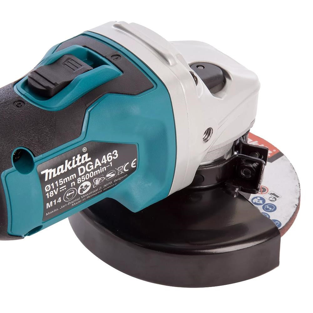 Makita DGA463Z 18V Brushless 115mm Angle Grinder with 1 x 5.0Ah Battery Charger & 18