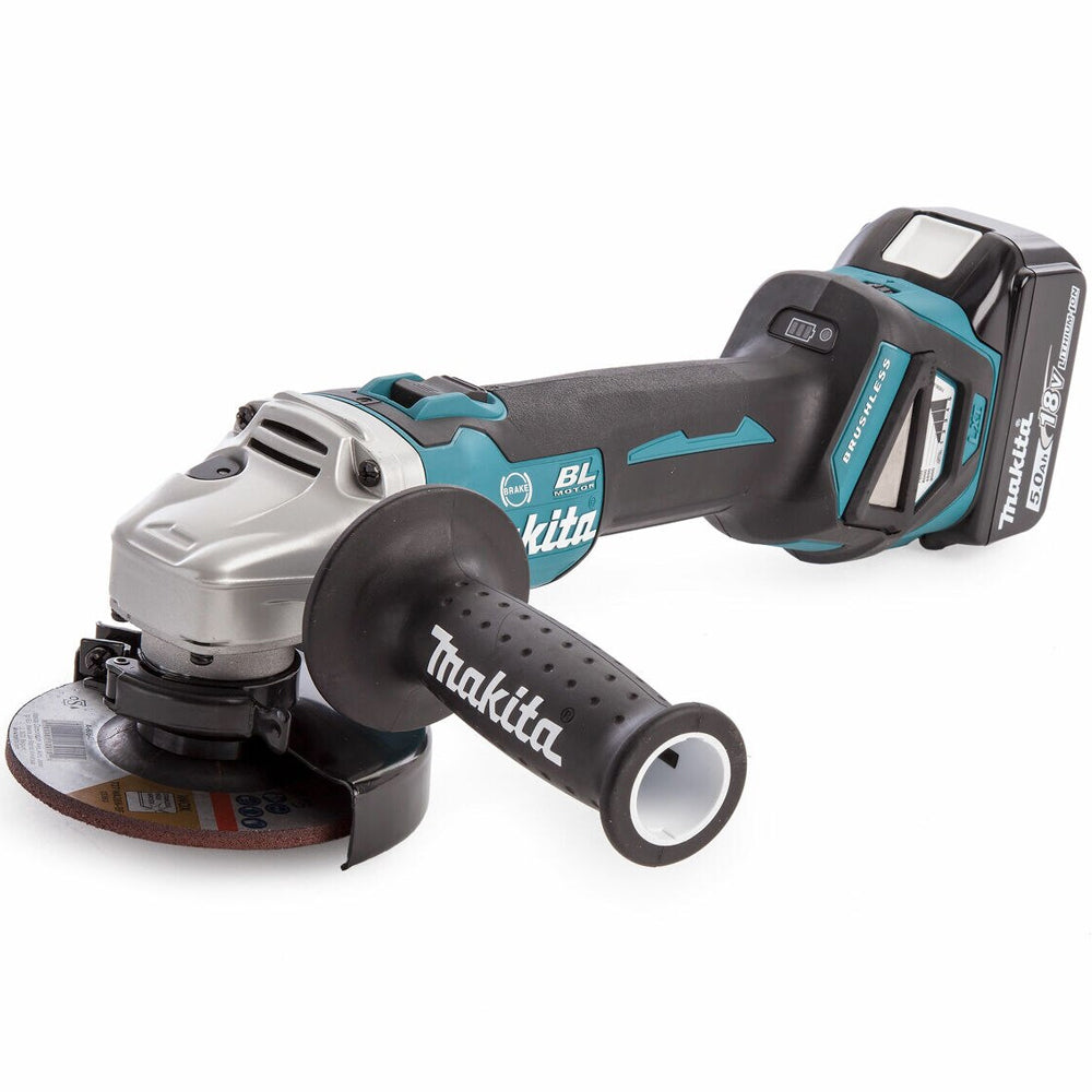 Makita DGA463Z 18V Brushless 115mm Angle Grinder with 1 x 5.0Ah Battery Charger & 18