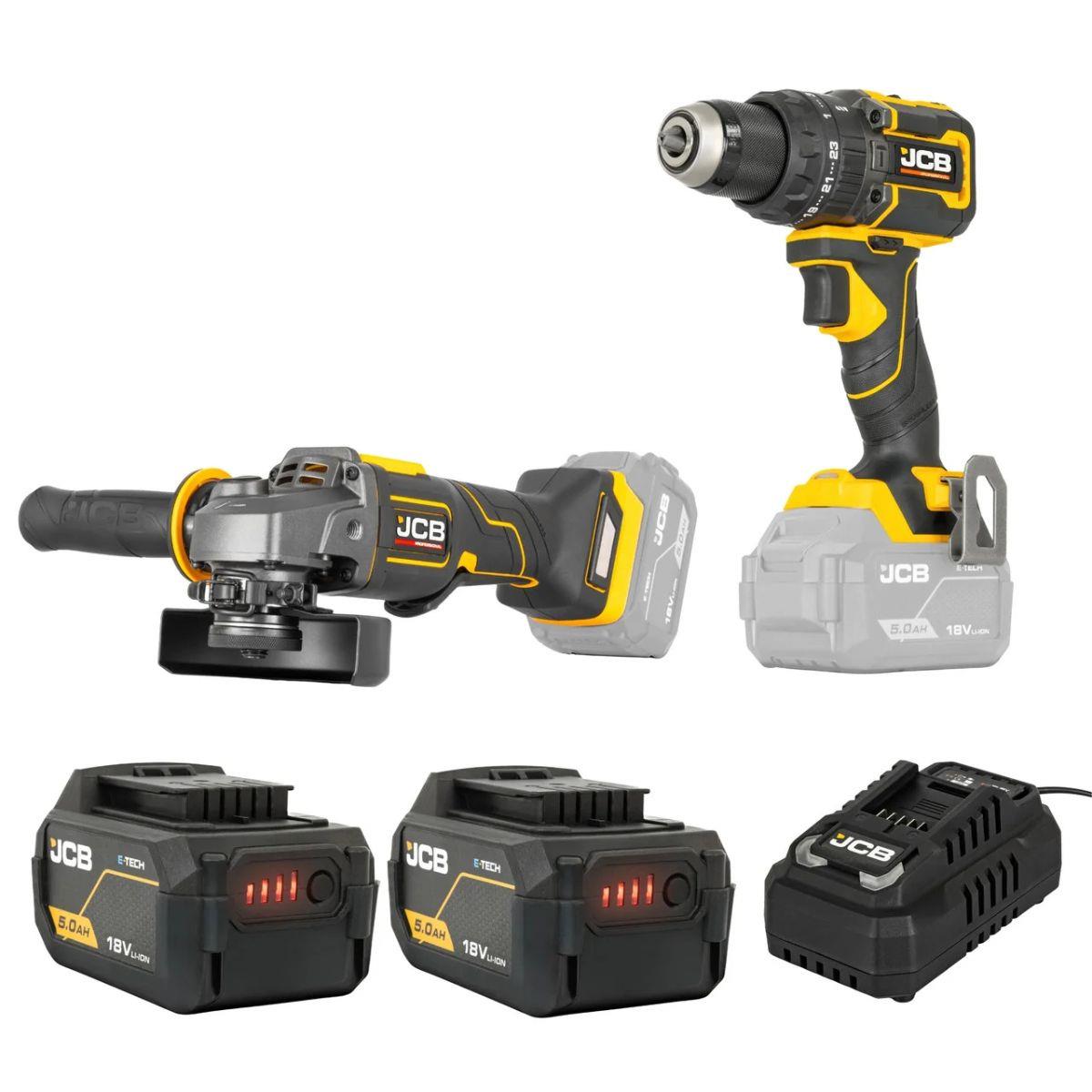 JCB-18PKIT-4 Pro 18V Combi Dril & 115mm Angle Grinder With 2 x 5.0Ah Li-ion Batteries & 4.5A Fast Charger In Soft Tool Bag