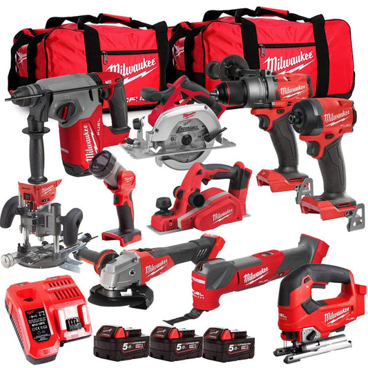 Milwaukee M18FPP6L3-503BK25 18V 10 Piece Tool Kit with 3 x 5.0Ah Batteries Charger & Wheeled Bag
