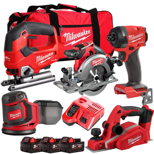 Milwaukee M18 PP5C-503B 18V FUEL Woodworking 5 Piece Kit with 3 x 5.0Ah Batteries & Charger 4933480469