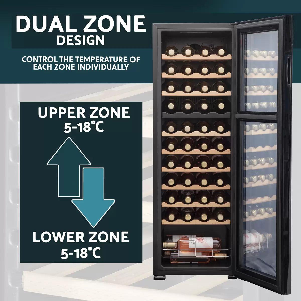 Sealey DH92 Baridi 44 Bottle Dual Zone Wine Fridge with Digital Touch Screen Controls & LED Light Black 230V