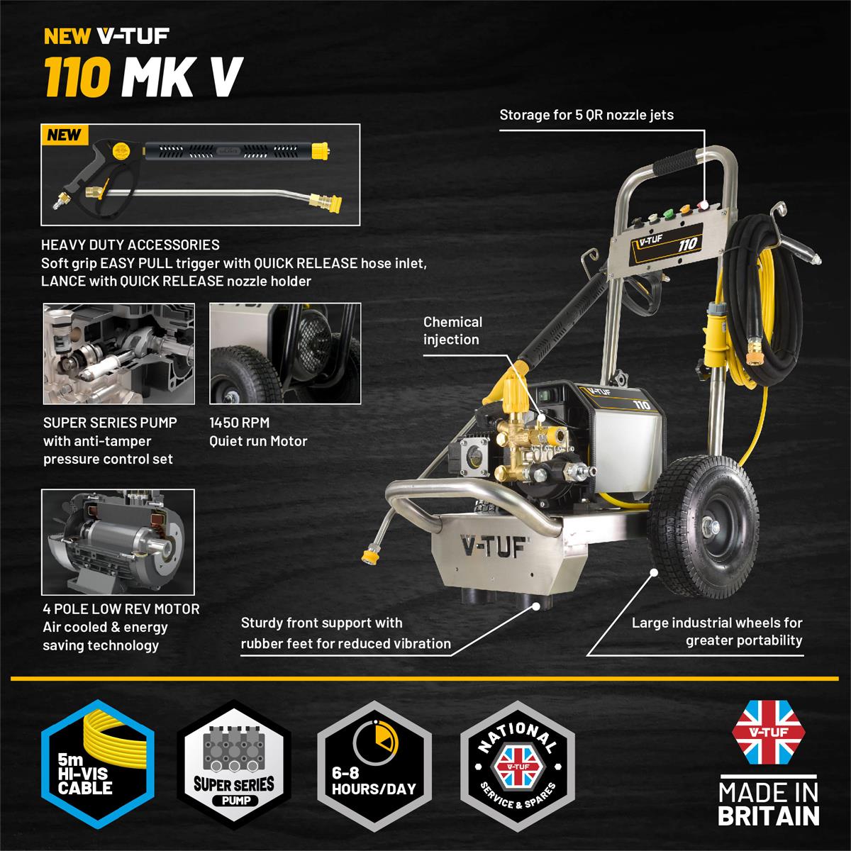 V-TUF VTUF110 12L/min Compact, Industrial, Mobile Electric Site Pressure Washer 1450psi & 100Bar