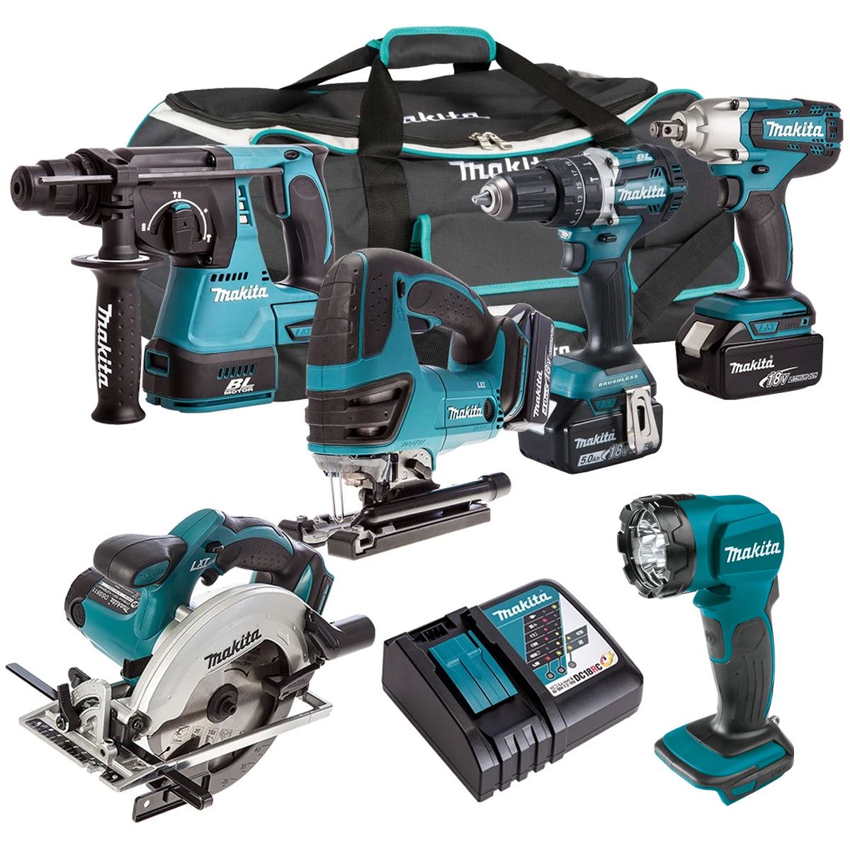 Makita T4T6052PT 18V LXT 6 Piece Kit 3 x 5.0Ah Batteries with Charger