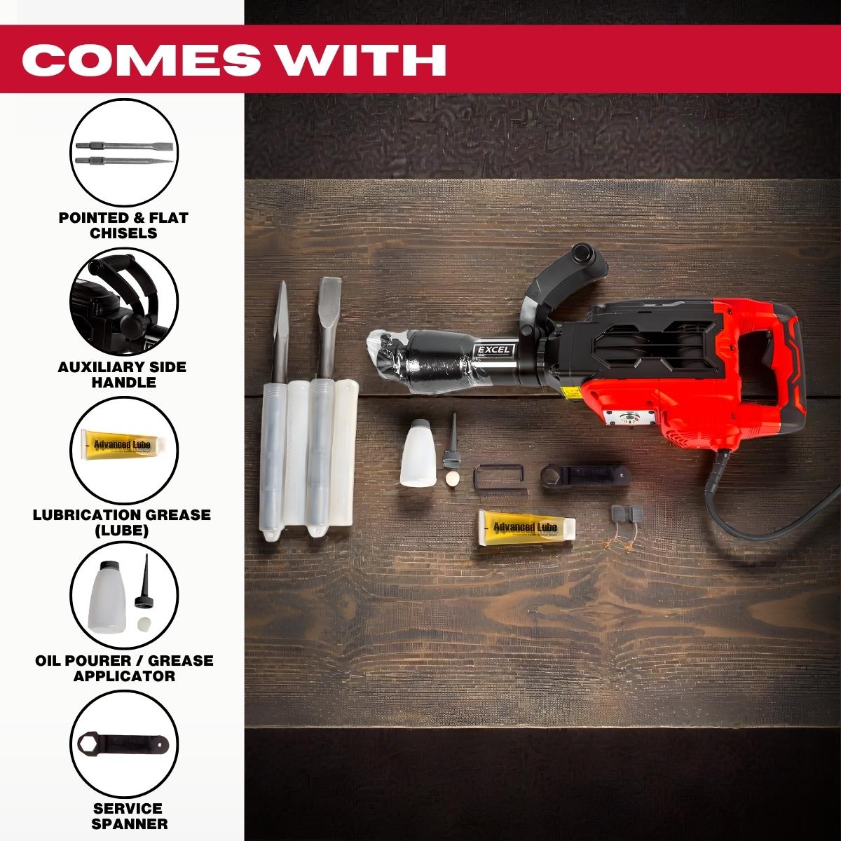 Excel 1700W 55J Hex Shank Demolition Hammer 230V with Case & Chisels Item Condition Damaged Box
