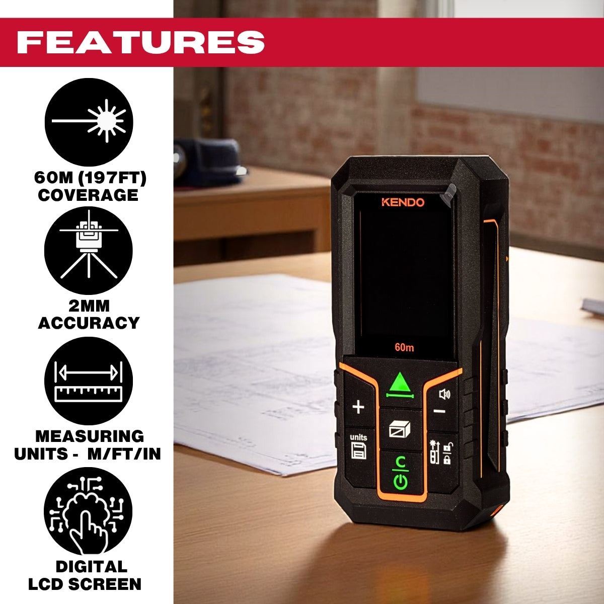 Kendo 60m Laser Distance Meter with Rechargeable Battery & LCD Display