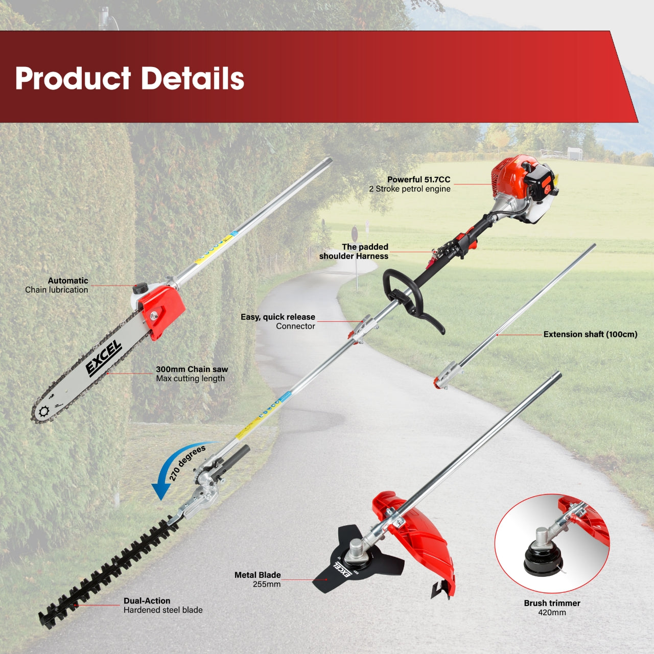 Excel 52cc Petrol 5 in 1 Garden Multi Tool with 2-Stroke Engine Oil