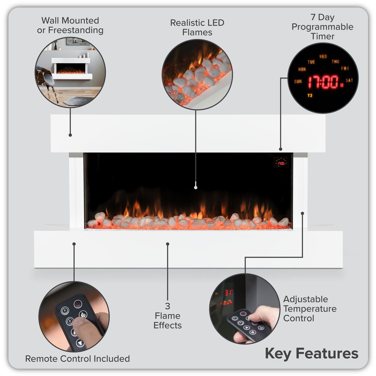 Sealey DH113 Baridi Wall Mounting Electric Fireplace with LED Flame Effect 46