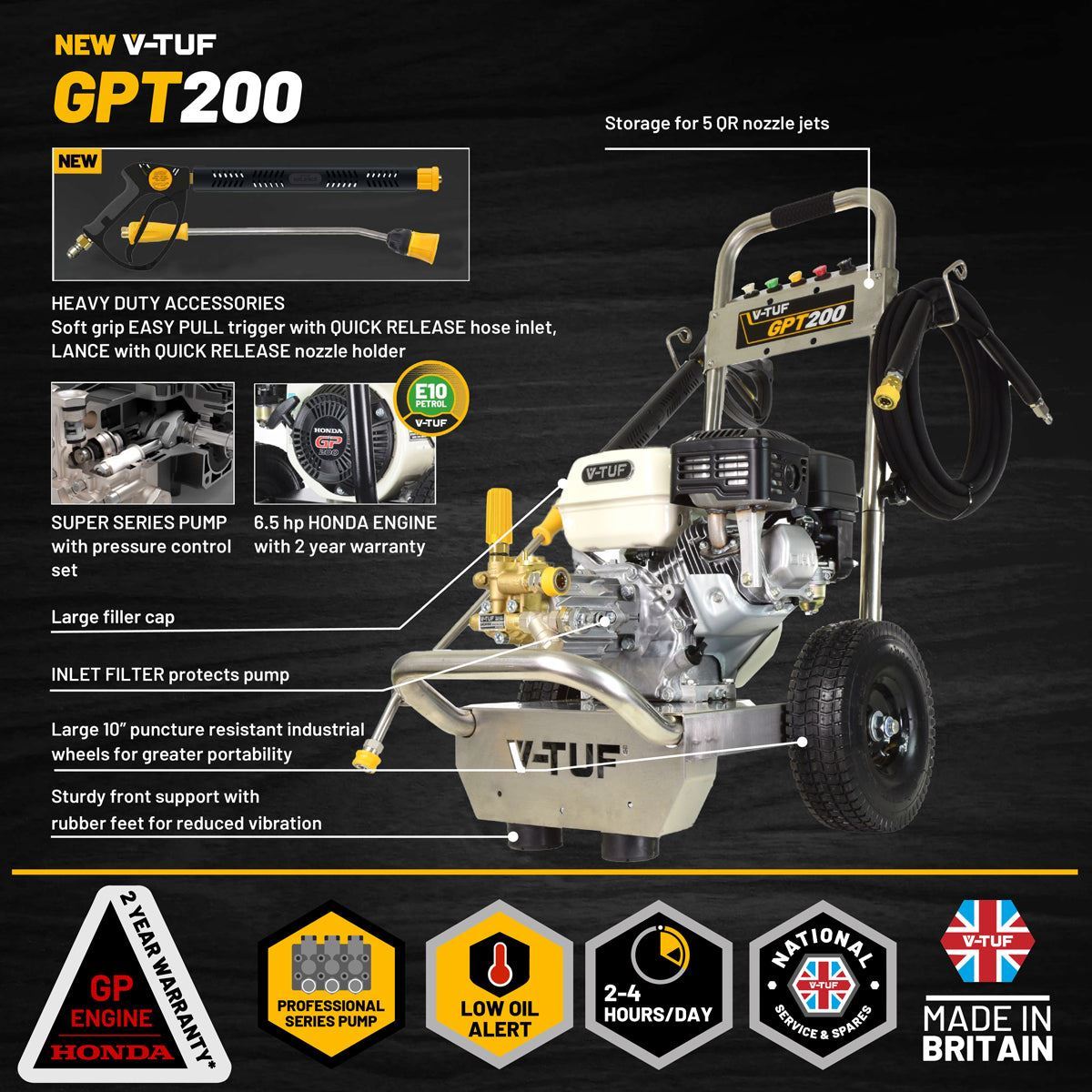 V-TUF GPT200 Industrial 6.5HP Petrol Pressure Washer with Honda Engine 2755psi, 190Bar & 12L/min Pump