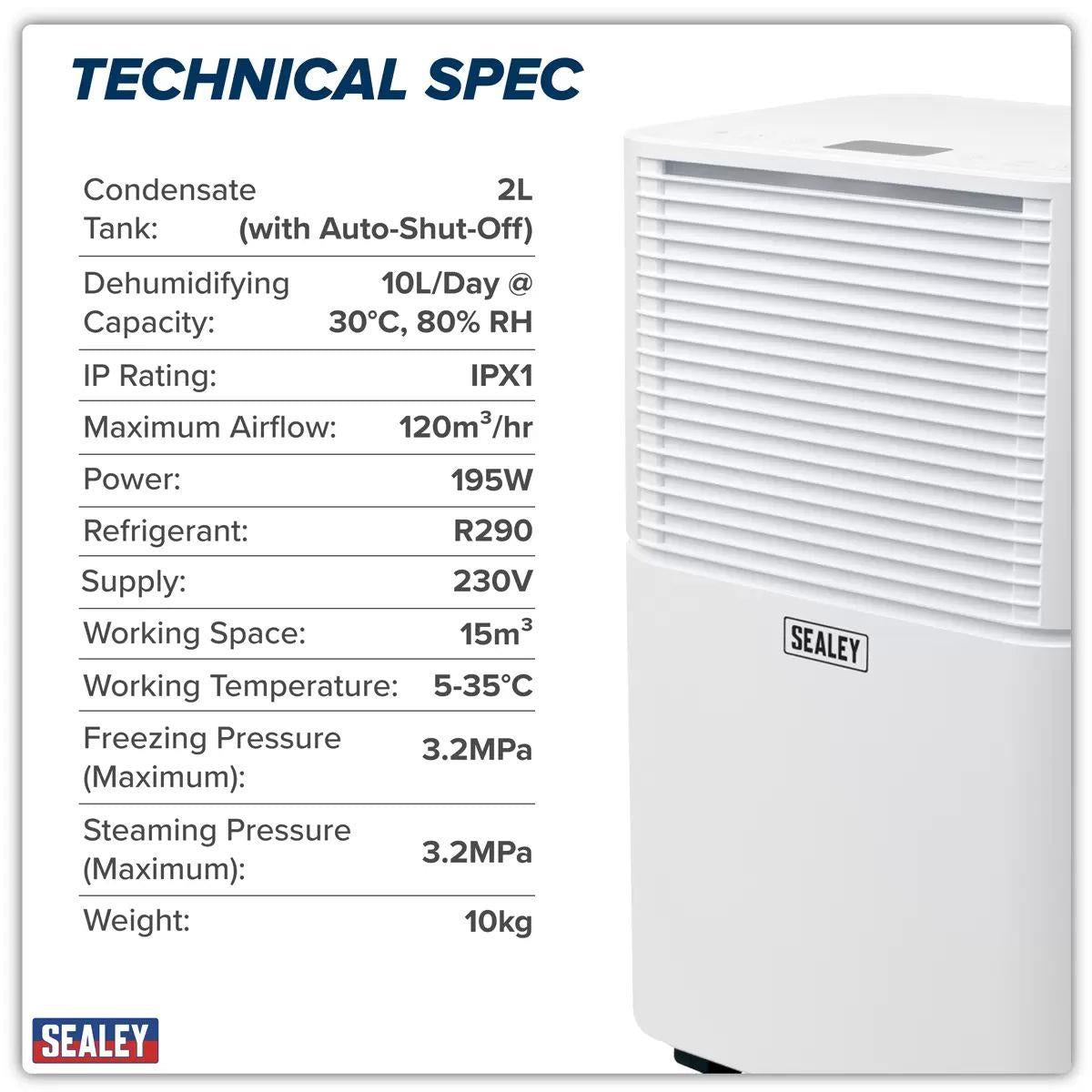Sealey SDH102 10L Dehumidifier 230V/195W