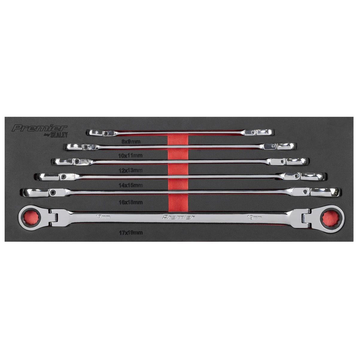 Sealey AK63832 Flexi-Head Double End Ratchet Ring Spanner Set 6pc Extra-Long Metric