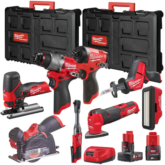 Milwaukee M12FPP7B2-649P 12V Fuel 8 Piece Powerpack Tool Kit with 1 x 6.0Ah & 2.0Ah Batteries, Charger & Case