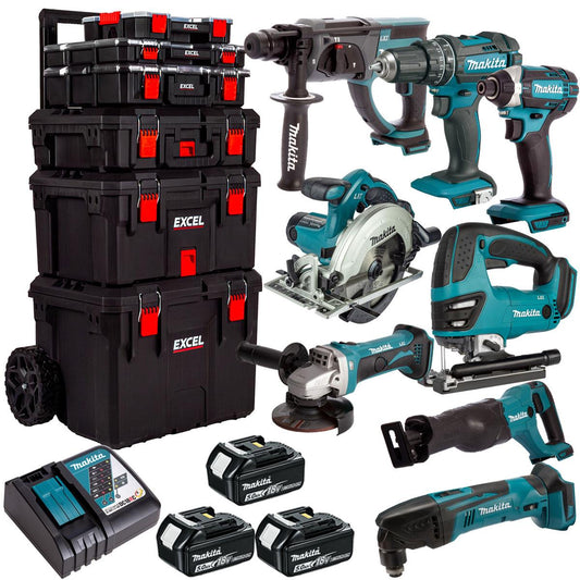 Makita 18V 8 Piece Power Tool Kit with 3 x 5.0Ah Batteries & Trolley Toolbox