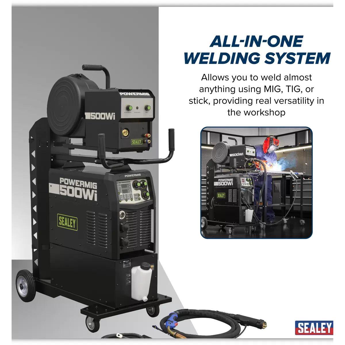 Sealey POWERMIG500Wi 500A Professional Gas/Gasless MIG/TIG/MMA Inverter Welder with Portable Wire Feeder & Water Cooler 400V/3ph