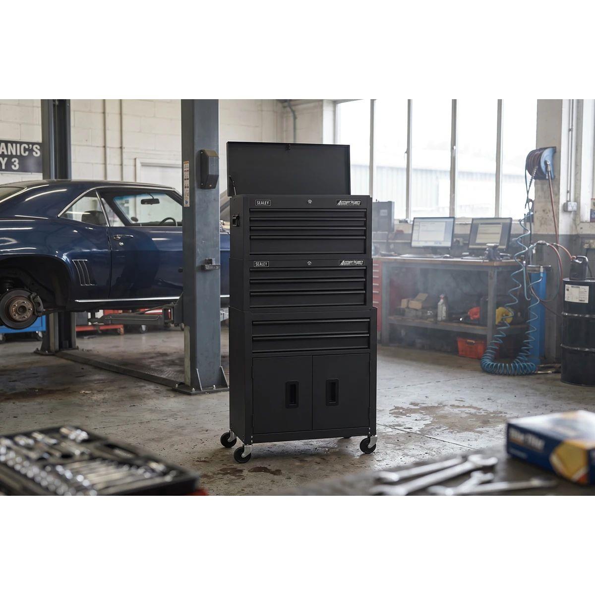 Sealey AP2200BKSTACK American PRO Topchest, Mid-Box Tool Chest & Rollcab Stack 9 Drawer Black