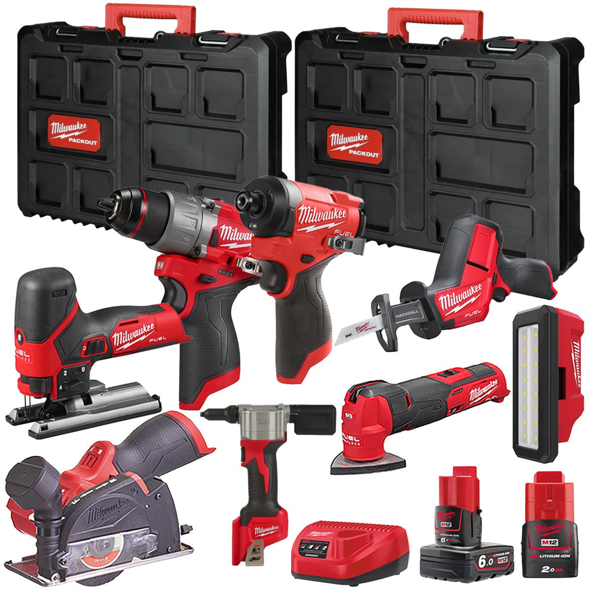 Milwaukee M12FPP7B2-656P 12V Fuel 8 Piece Powerpack Tool Kit with 1 x 6.0Ah & 2.0Ah Batteries, Charger & Case