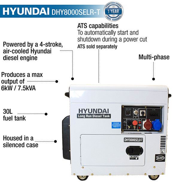 Hyundai DHY8000SELR-T Diesel Generator, Multi-phase 230V/400V, Three Phase / Single Phase 5.8kW/7.5kVA