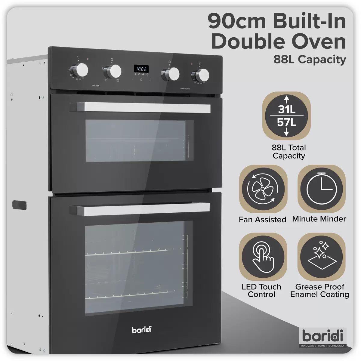 Sealey DH279 Baridi 90cm Built-In Double Oven, 88L Capacity, Energy Rating A Black 240V