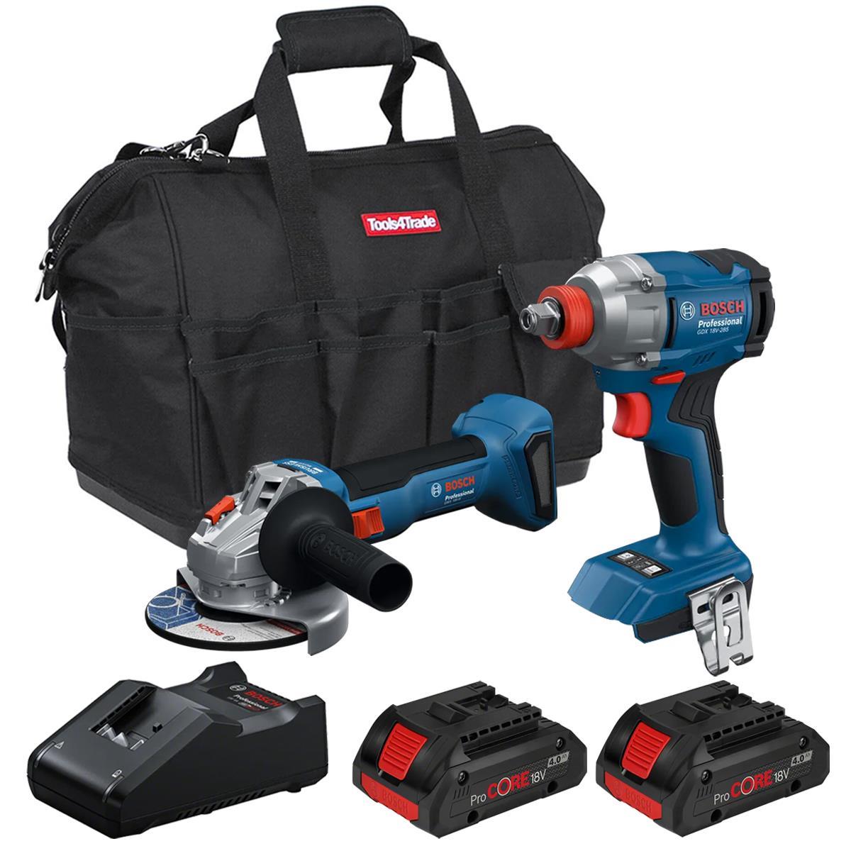 Bosch 18V Brushless Angle Grinder & Impact Wrench with 2 x 4.0Ah Battery Charger T4TKIT-28124