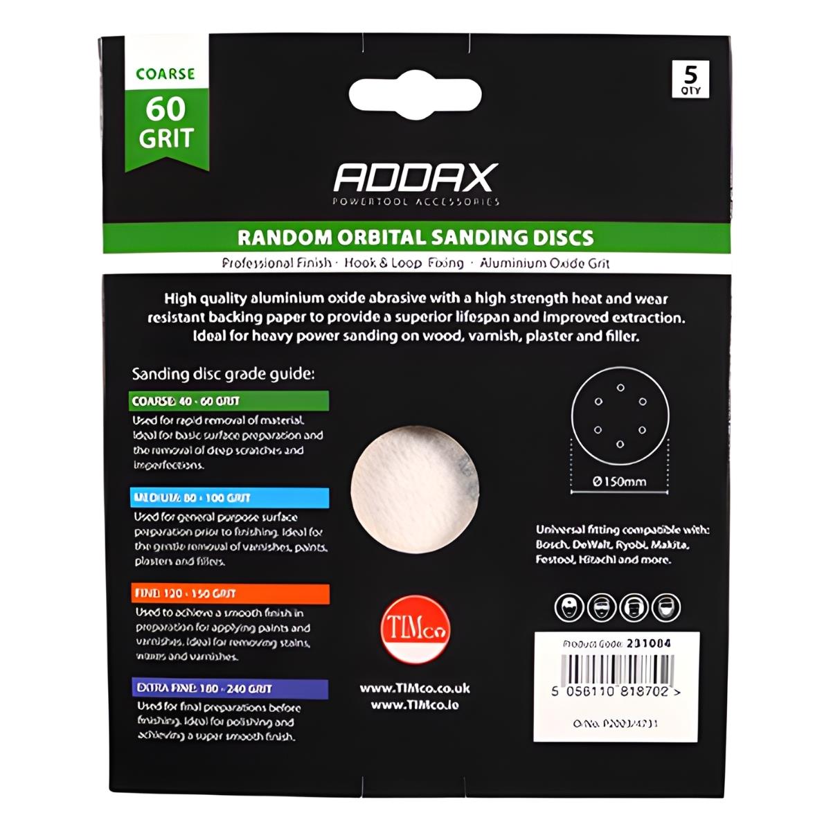 Timco 150mm Hook & Loop Random Orbital Sanding Discs 60 Grit Pack of 5 - 231084
