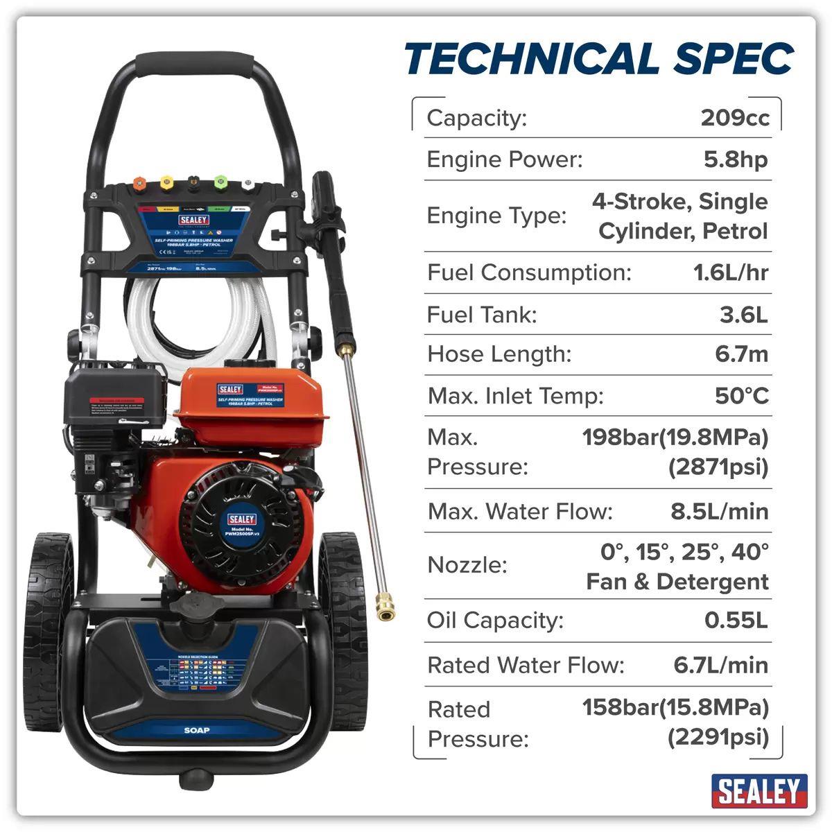 Sealey PWM2500SP Self-priming Petrol Pressure Washer 220bar 540L/hr