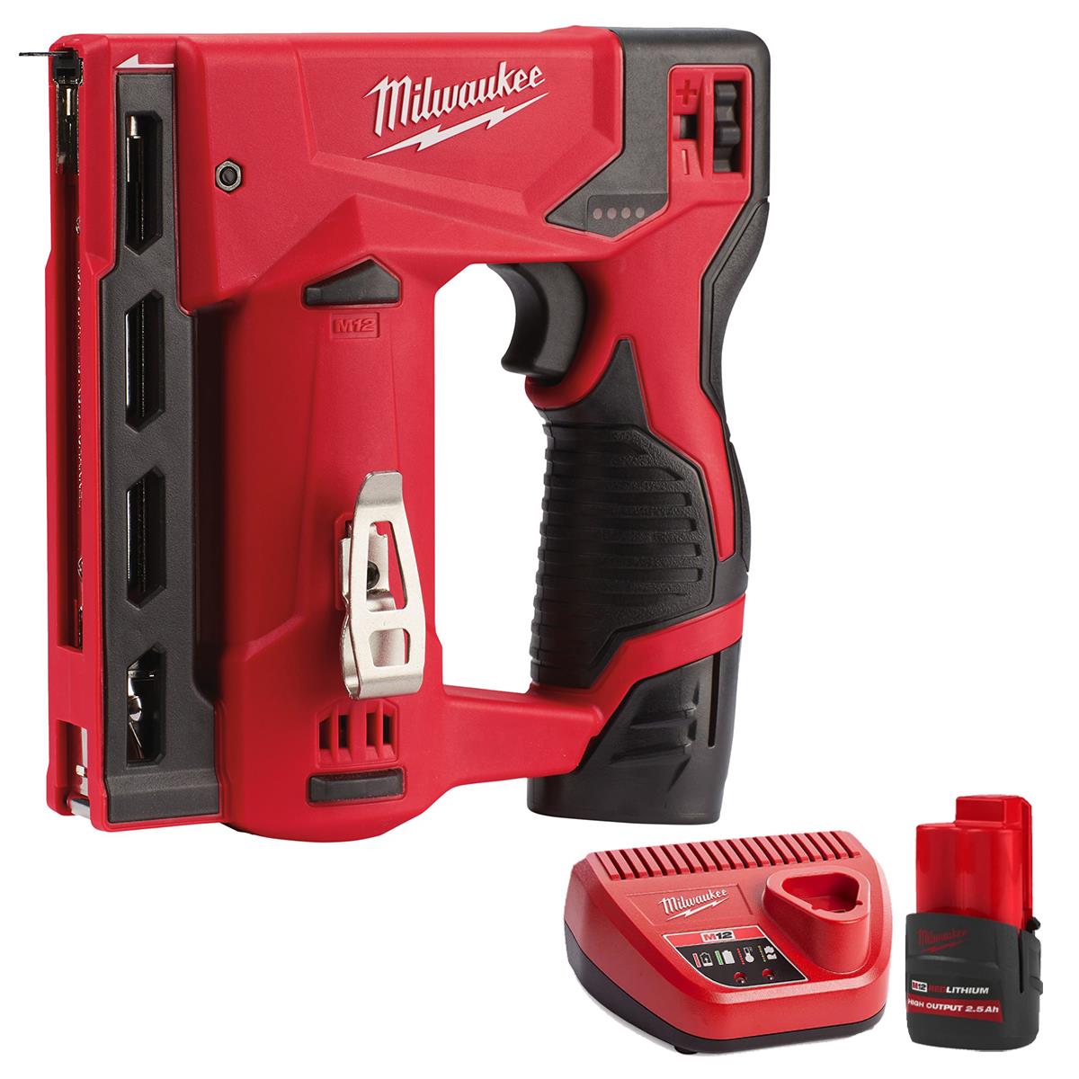 Milwaukee M12BST-0 12V Sub Compact Second Fix Stapler with 1 x 2.5Ah Battery & Charger