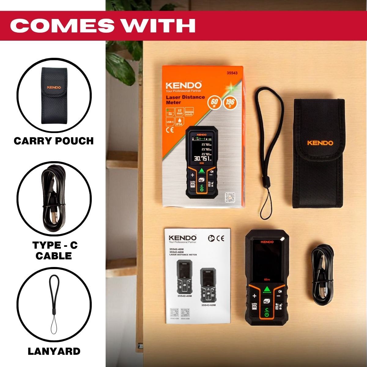 Kendo 60m Laser Distance Meter with Rechargeable Battery & LCD Display