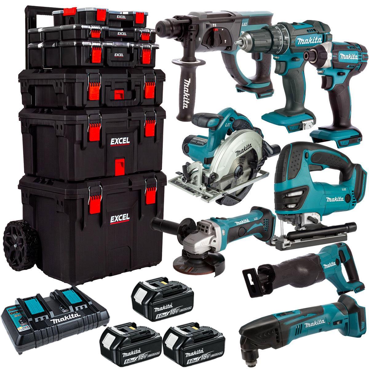 Makita 18V 8 Piece Power Tool Kit with 3 x 5.0Ah Batteries & Trolley Toolbox